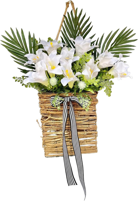 Artificial Flowers Basket, Hanging Door Basket, Artificial Hanging Baskets with Flower, Basket Wreath for Outdoor Indoor Wall Door