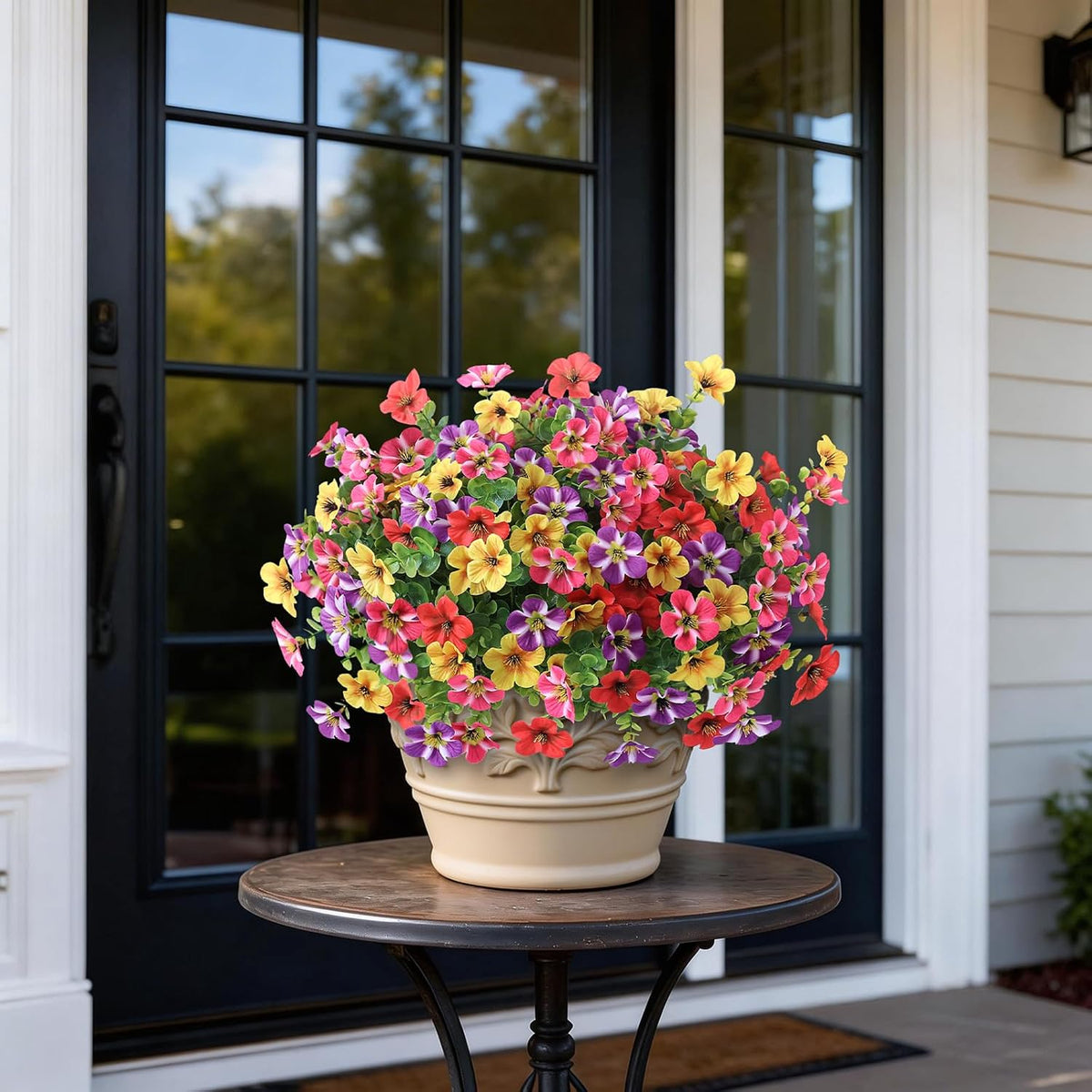 2 Set of Artificial Morning Glory & Eucalyptus Topiary Trees - Faux Silk Flower Potted Plants, UV-Resistant Fake Outdoor Morning Glory Bushes for Front Door, Farmhouse, Garden Decor (Mixed Color)