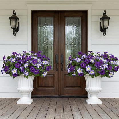 10 Pcs Realistic Outdoor Artificial Petunias | UV-Resistant Silk Faux Flowers | Lifelike Porch Decor in Purple & White