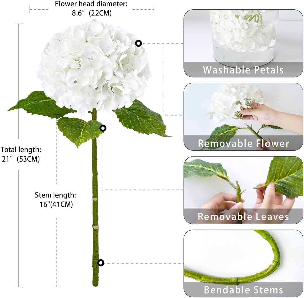 4 Pcs Real Touch White Hydrangeas Artificial Flower 21 inches Realistic Faux Latex Hydrangeas Flower for Home Decor Kitchen Living Room Spring Table Wedding Xmas Arrangement