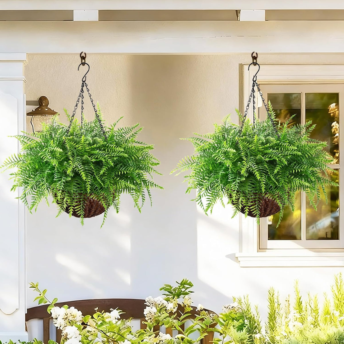 Waipfaru Fake Hanging Fern Plants Outdoor - 2 Pack UV Resistant Artificial Outdoor Hanging Plants, Realistic Faux Greenery Fern for Patio Front Porch Garden Home Decor