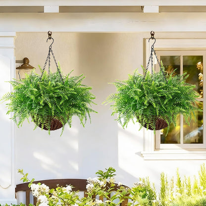 Waipfaru Fake Hanging Fern Plants Outdoor - 2 Pack UV Resistant Artificial Outdoor Hanging Plants, Realistic Faux Greenery Fern for Patio Front Porch Garden Home Decor