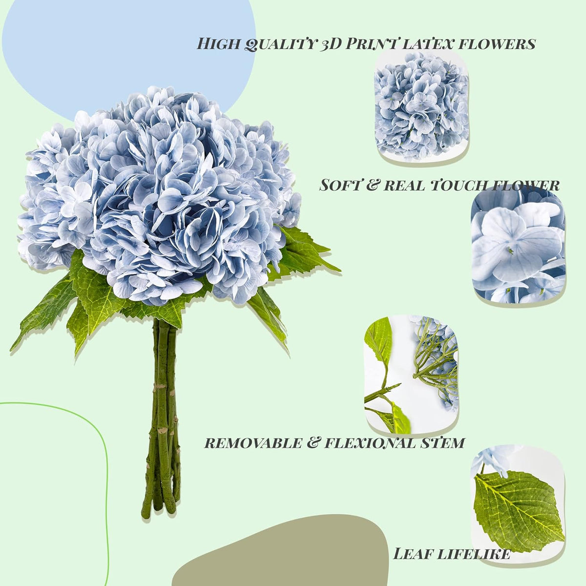 Yatim 21In Blue Artificial Hydrangea Flowers 5 Pcs Real Touch 3D Print Latex Flowers for Wedding Centerpieces Bouquets DIY Floral Decor Home Decoration with Stems
