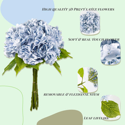 Yatim 21In Blue Artificial Hydrangea Flowers 5 Pcs Real Touch 3D Print Latex Flowers for Wedding Centerpieces Bouquets DIY Floral Decor Home Decoration with Stems