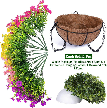 2 Sets Artificial Hanging Plants Flowers Basket Outdoor, Fake Hanging Plants Set of 2 Includes 24 Pcs Flowers for Porch, Patio, Garden, Home Decor in Spring Summer (Red, Purple, Yellow, Rose Red)