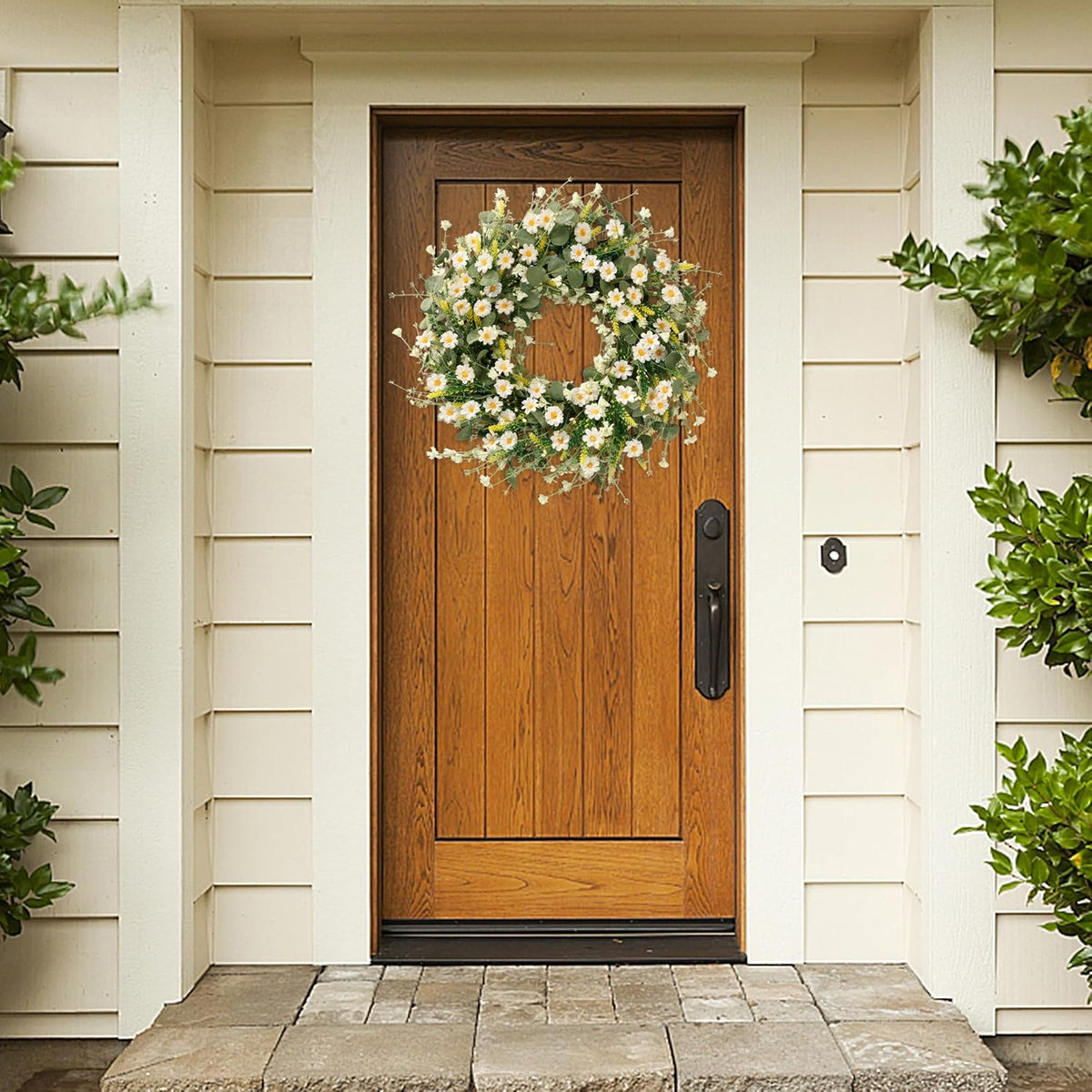 Sggvecsy White Daisy Wreath 24 Inch with Fake Silk Floral Green Eucalyptus Leaves and Lavender for Spring Summer Front Door Window Wall Wedding Farmhouse Festival Decor