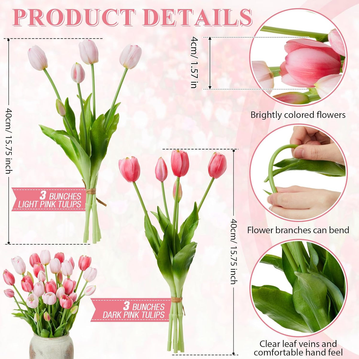 Riceshoot 6 Bunches Artificial Tulips Flowers 30 Pcs Real Touch Faux Tulips Bouquets Arrangements Realistic Flowers for Office Wedding Party Kitchen Decoration (Mixed Pink)