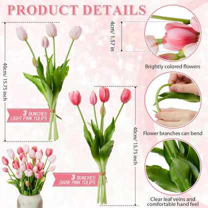 Riceshoot 6 Bunches Artificial Tulips Flowers 30 Pcs Real Touch Faux Tulips Bouquets Arrangements Realistic Flowers for Office Wedding Party Kitchen Decoration (Mixed Pink)