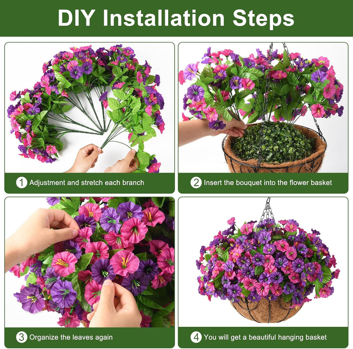 Homsunny Artificial Fake Hanging Flowers with Basket for Outdoors, Faux Silk Petunias Flower Spring Summer Decor UV Resistant Look Real Outside Patio Front Porch Decorations