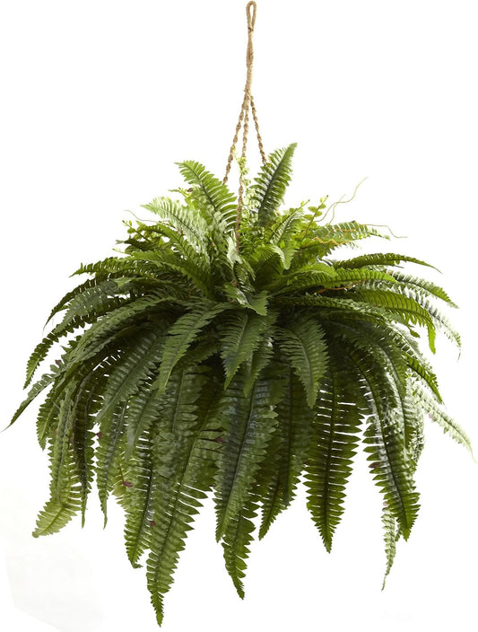 Nearly Natural Giant 36in Wide Artificial Boston Fern Hanging Basket, Faux Greenery For Indoor Home Porch Decor, Green