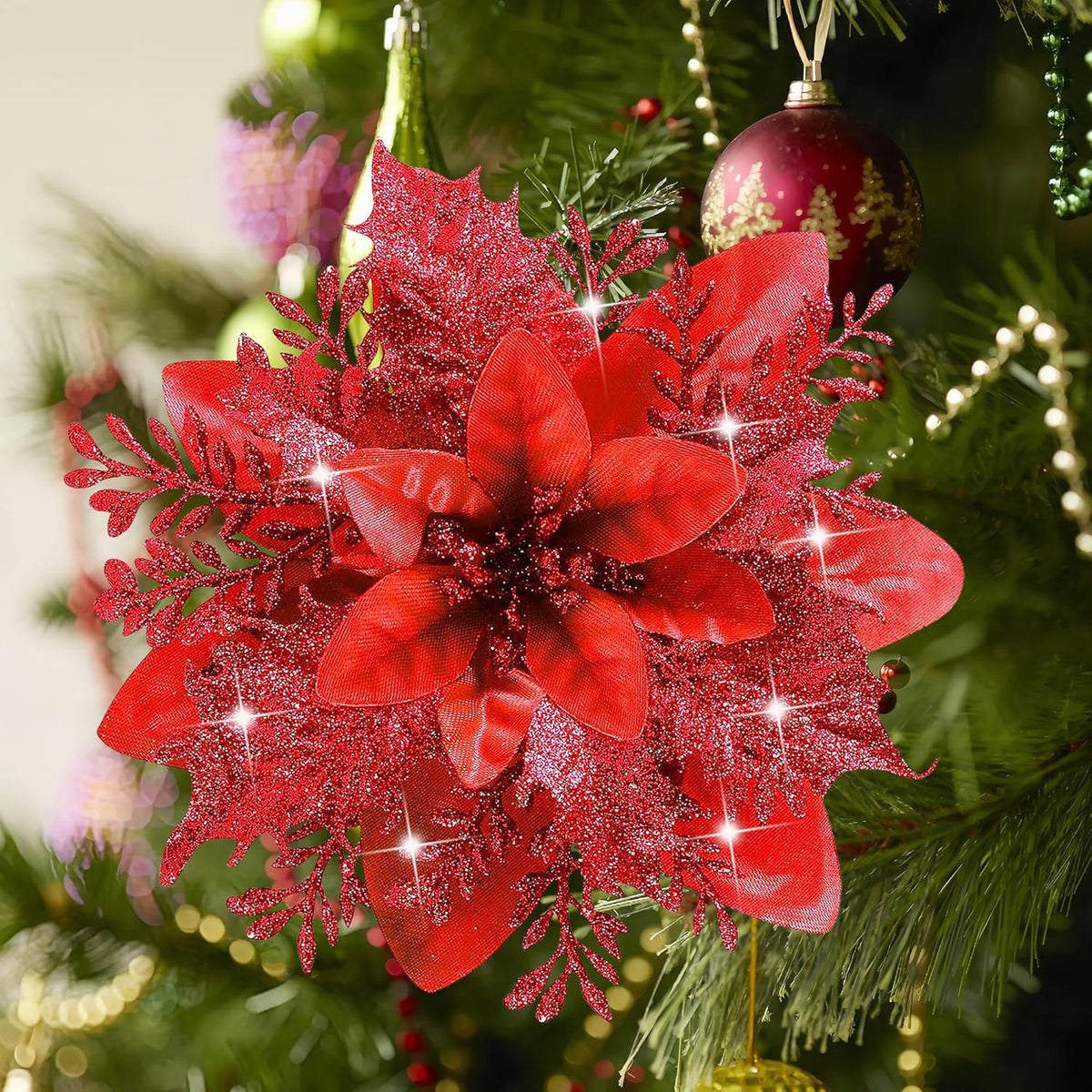 Deluxe Red Poinsettias Glitter Artificial Holiday Decor Assortment