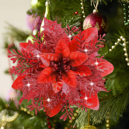 Deluxe Red Poinsettias Glitter Artificial Holiday Decor Assortment