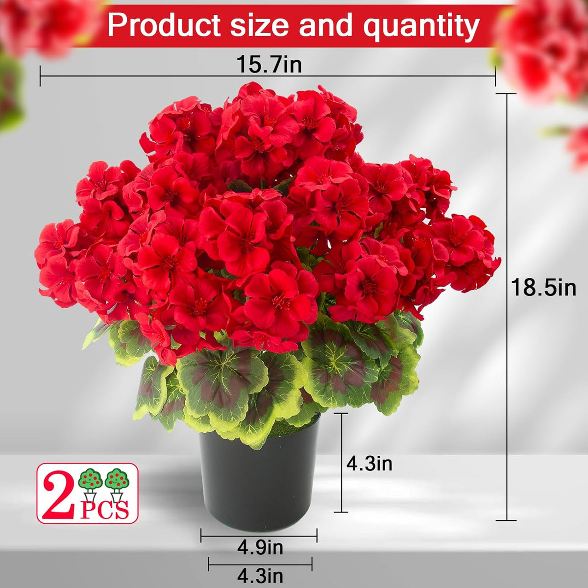 lovemoon 2 Pcs Geranium Potted Artificial Flowers, 19" Fake Geraniums Plants UV Resistant Silk Potted Plants for Outdoor Home Décor Office Porch Garden Decor (2, Red)