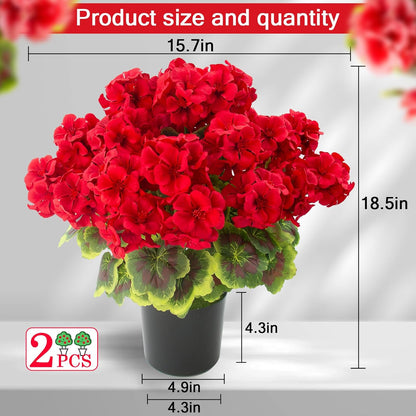 lovemoon 2 Pcs Geranium Potted Artificial Flowers, 19" Fake Geraniums Plants UV Resistant Silk Potted Plants for Outdoor Home Décor Office Porch Garden Decor (2, Red)