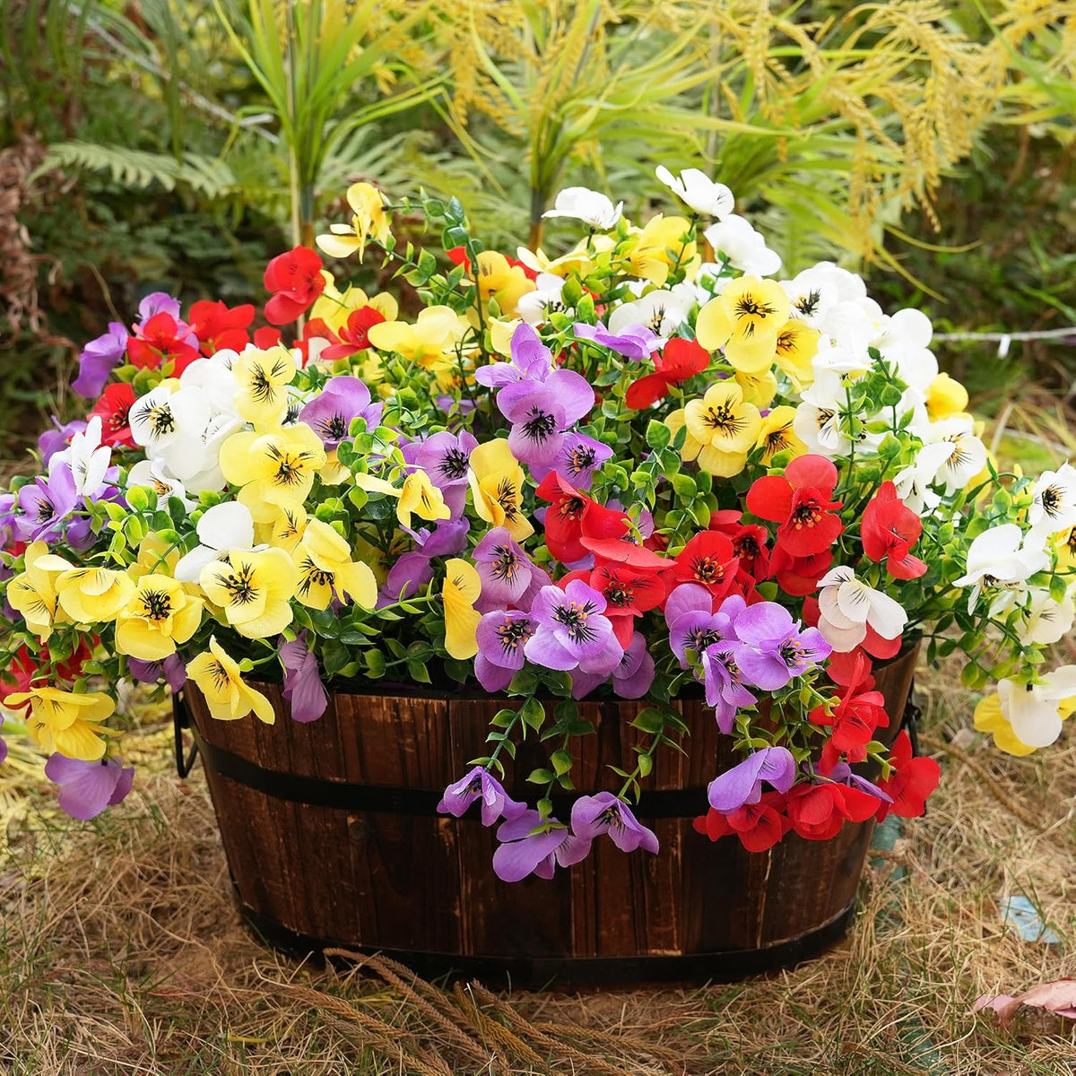 Artificial Flowers for Outdoor, UV Resistant Fake Silk Pansies Flowers, Realistic Faux Plants for Outside Indoor Porch Patio Window Box Planter Home Decor (16, Yellow Purple White Red)