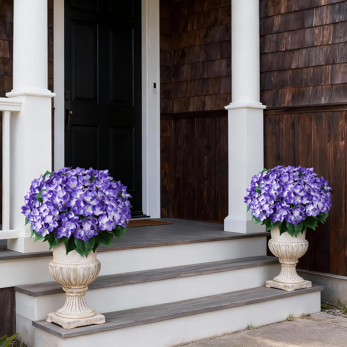 FOTEEWL Artificial Hydrangea Flower Topiary Trees - 2 Sets Faux Silk Flower Potted Plant, UV Resistant Fake Outdoor Hydrangea Bush for Front Door, Farmhouse, Garden, Porch Decor (Purple)