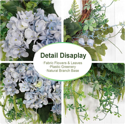 18 Inch Blue Faux Hydrangea Half Wreath, Spring Summer Year-Round Floral Wreaths Decor, Romantic Blooming Accent for Front Door, Porch, Living Room, Bedroom, Wall, Wedding Decorations