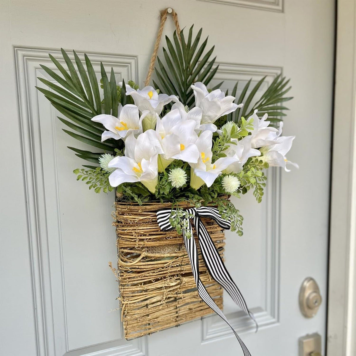 Artificial Flowers Basket, Hanging Door Basket, Artificial Hanging Baskets with Flower, Basket Wreath for Outdoor Indoor Wall Door