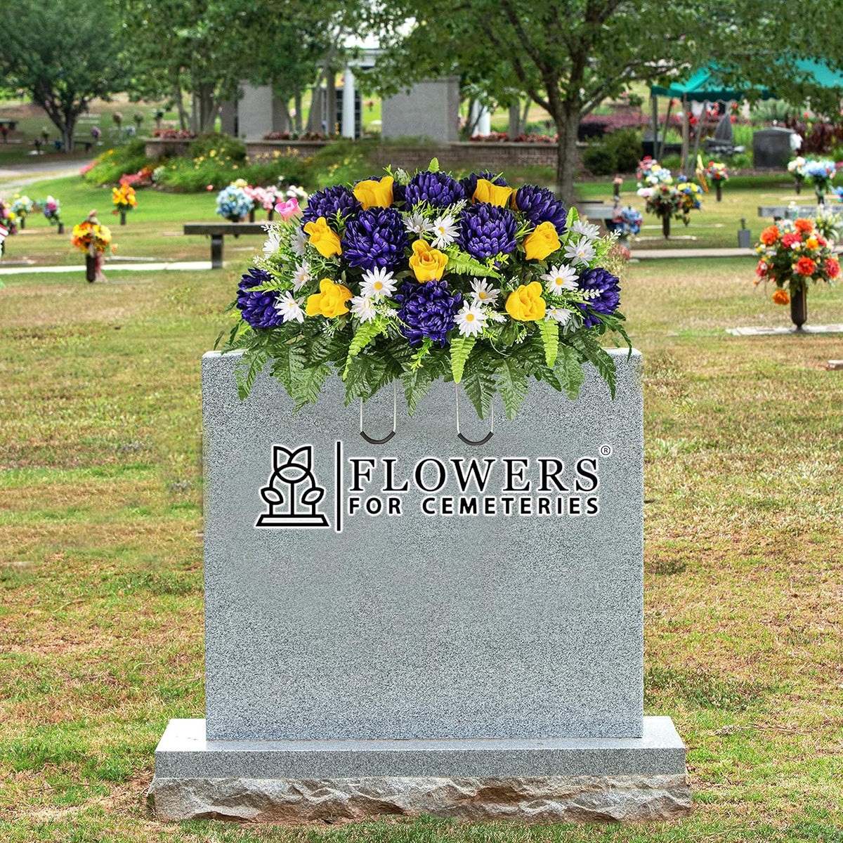 Sympathy Silks Artificial Cemetery Flowers – Realistic Vibrant Roses, Outdoor Grave Decorations - Non-Bleed Colors, and Easy Fit - 1 Purple Mum and Yellow Rose Saddle for Headstone