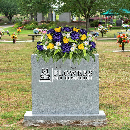 Sympathy Silks Artificial Cemetery Flowers – Realistic Vibrant Roses, Outdoor Grave Decorations - Non-Bleed Colors, and Easy Fit - 1 Purple Mum and Yellow Rose Saddle for Headstone