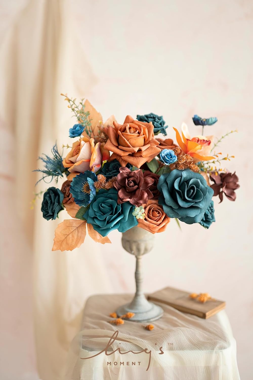 Ling's moment Fake Flowers Box, Faux Artificial Greenery Stems Foam Roses Gardenia Silk Poppy Fabic Flower for Centerpieces Bouquet Wedding Vase Decorations, Teal & Burnt Orange, Deluxe Combo