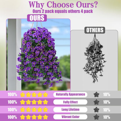 Artificial Fake Hanging Flowers Plants for Outdoor Outside Spring Summer Decoration 2PCS Faux Silk UV Resistant Realistic Morning Glory Trailing Vines for Home Porch Patio Balcony(Purple)