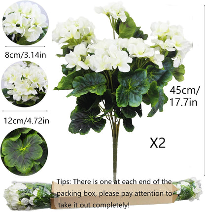 2 Pcs Artificial Geraniums for Outdoor Silk Geranium Flowers White Artificial Geranium Bush Faux Flowers Geraniums Branch for Garden Patio Grave Cemetery Vase Table Centerpiece Indoor Decor
