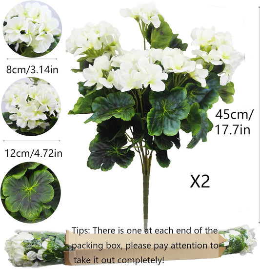 2 Pcs Artificial Geraniums for Outdoor Silk Geranium Flowers White Artificial Geranium Bush Faux Flowers Geraniums Branch for Garden Patio Grave Cemetery Vase Table Centerpiece Indoor Decor