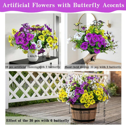 Artificial Flowers for Outdoor, 18 Bundles UV Resistant Faux Silk Pansy Flowers with Butterfly Accents, Realistic Fake Plants for Planters, Window Boxes & Grave Decor, 15 Bundles + 3 Butterflies
