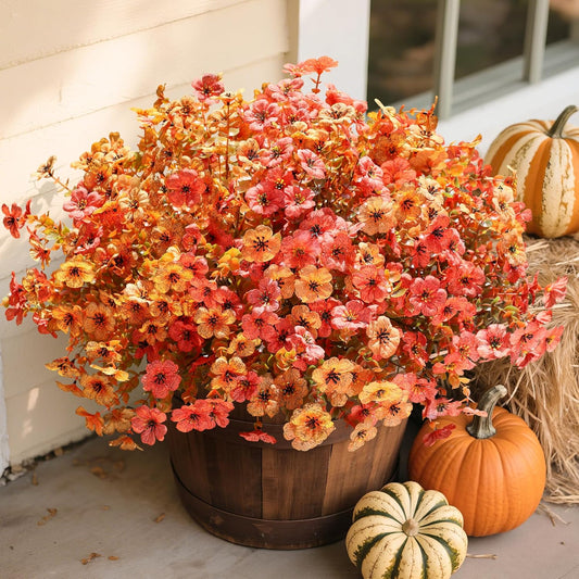 Artificial Fall Flowers Fake Mums for Outdoor Autumn Decoration, 12 Bundles Faux Silk Orange Yellow Mums Daisy Look Real UV Resistant for Outside Home Porch Patio Planter