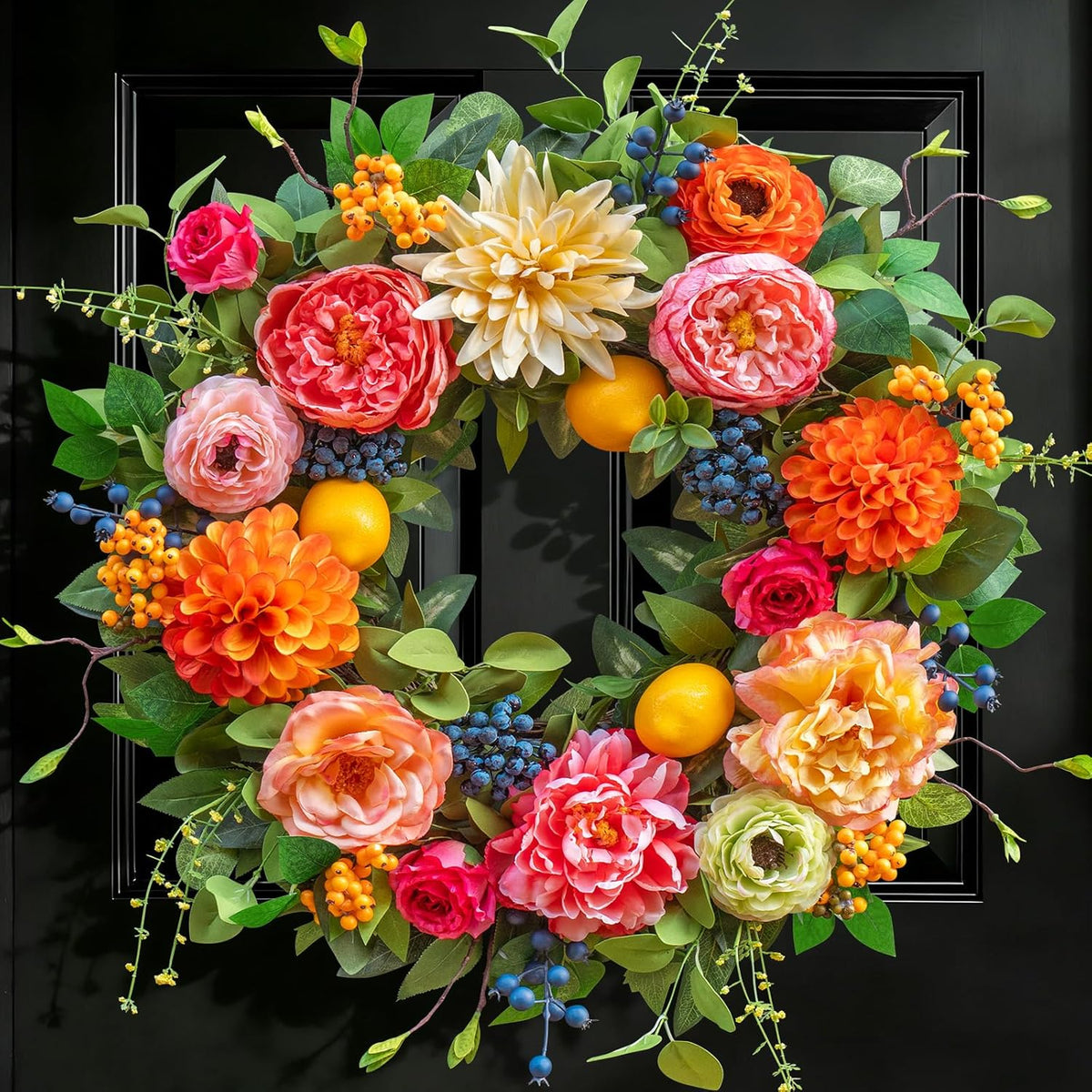 24 Inch Spring Wreath for Front Door - Peony, Dahlia, Hydrangea with Faux Lemons and Berries