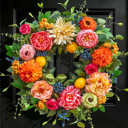 24 Inch Spring Wreath for Front Door - Peony, Dahlia, Hydrangea with Faux Lemons and Berries