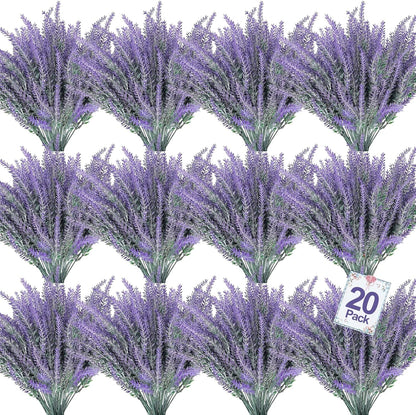 TURNMEON 20 Bundles Artificial Lavender Flowers for Outdoors, UV Resistant No Fade Fake Plants Plastic Faux Plants for Home Window Box Planter Porch Gardens Cemetery Spring Summer Decor(Gray Purple)