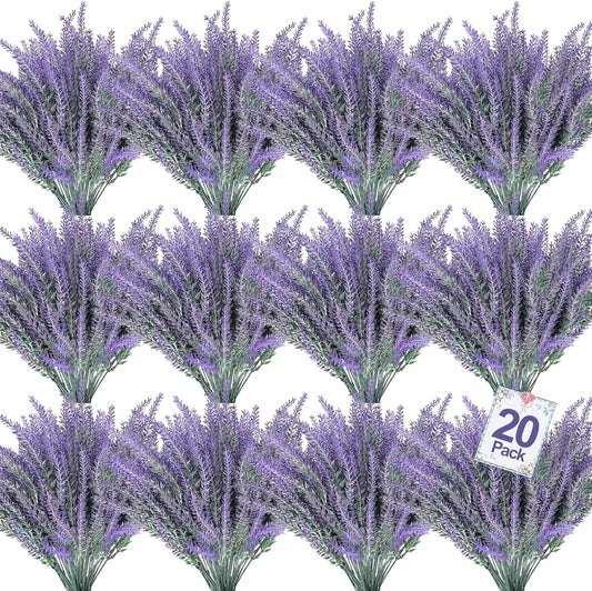 TURNMEON 20 Bundles Artificial Lavender Flowers for Outdoors, UV Resistant No Fade Fake Plants Plastic Faux Plants for Home Window Box Planter Porch Gardens Cemetery Spring Summer Decor(Gray Purple)