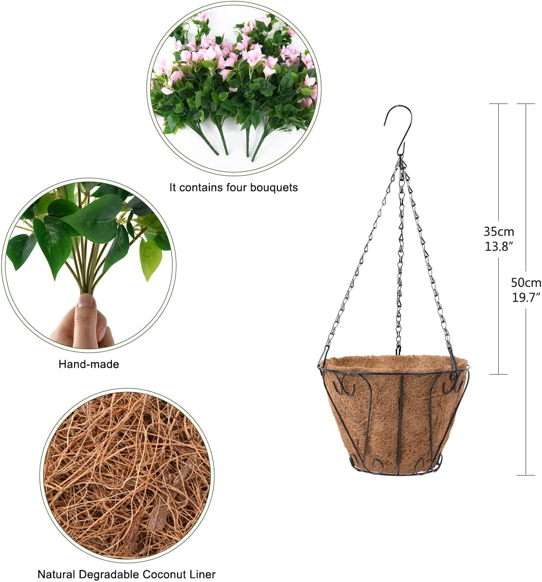 Homsunny Artificial Hanging Flowers Plants Basket for Outdoor Decoration, 4 Pcs Faux Silk Bougainvillea Vine Flowers Look Real UV Resistant for Outside Porch Patio Yard Garden Decor (Pink