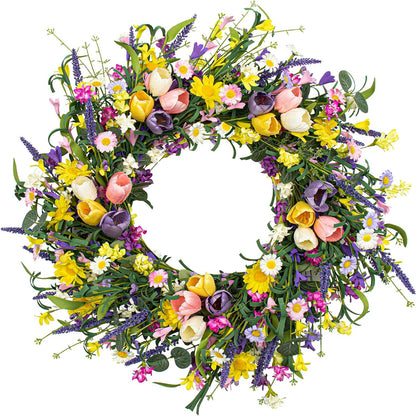 Spring Wreath 22 inch Indoor Summer Wreaths Artificial Spring Wreaths for Front Door, Tulip Wreath with Daisy and Lavender for Home Holiday Decor