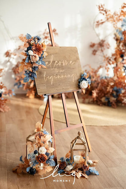 Ling's Moment 2 Pcs Artificial Welcome Sign Swag Wedding Arch Flowers Backdrop Decorations Floral Garland Orange Terracotta Navy Blue Rose Ceremony Party Reception board Door Wall Home Entryway Outdoor