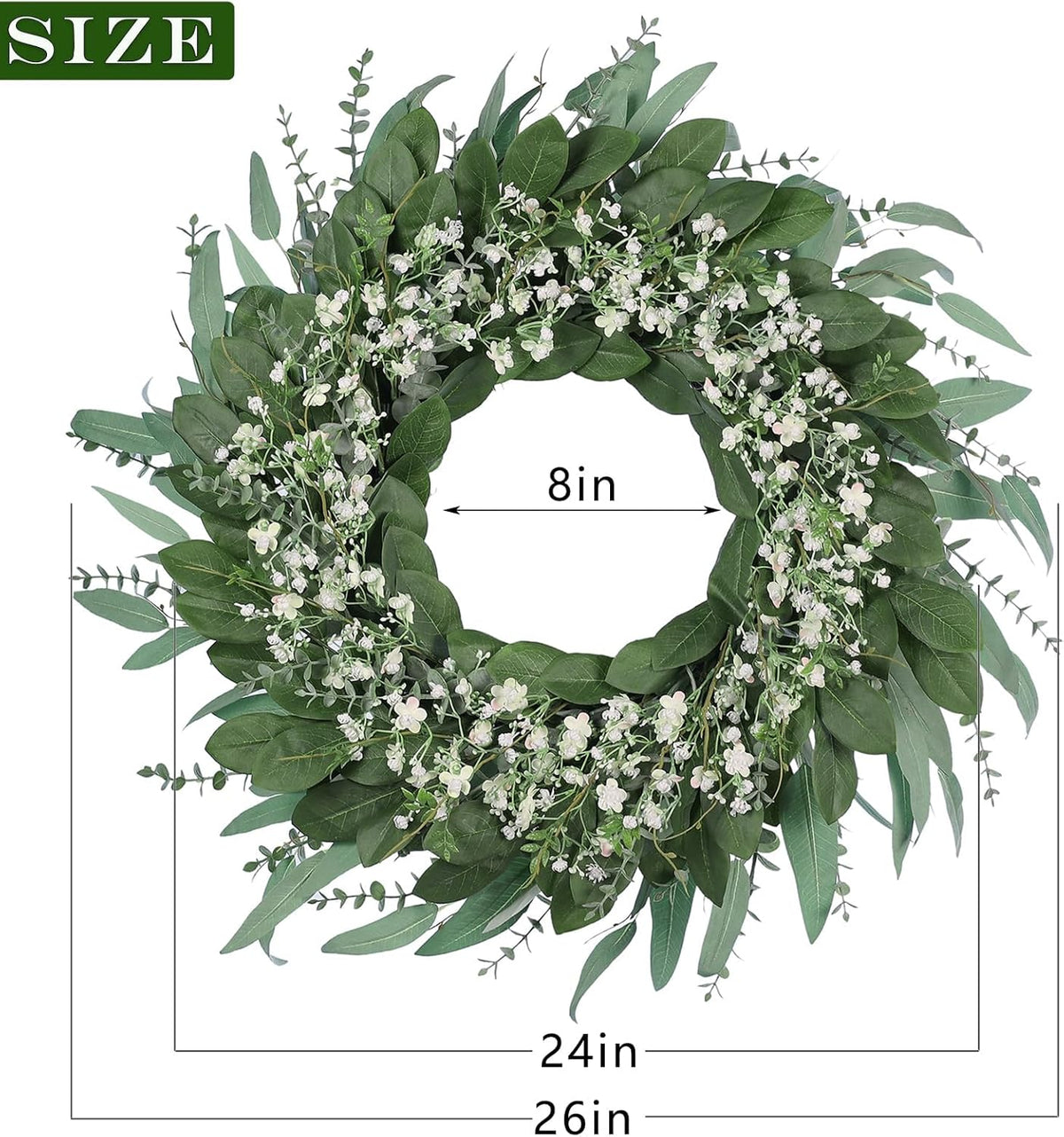 26" Eucalyptus and Babys Breath Flowers Wreath for Front Door - Large Artificial Greenery Outdoor Wreath for Porch, Window, Farmhouse, Home, Hanging Decor- Spring, Summer, All Seasons (Green-White)