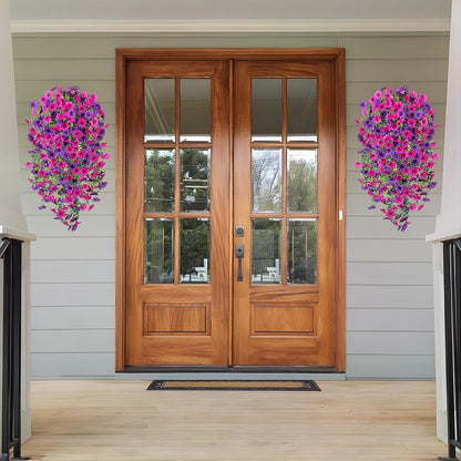 Artificial Hanging Petunia Flowers for Outdoor, 2 Pcs Fake Plants Long Vine Morning Glory Eucalyptus, UV Resistant Realistic Faux Greenery Indoor and Outdoor Patio Porch Garden Spring Summer Decor, Purple