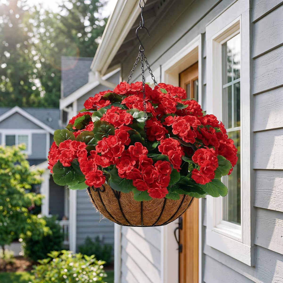 Alupssuc 8 Pcs Artificial Geranium Flowers for Outdoors Decoration Silk Floral, UV Resistant Fake Plants, Faux Flower for Porch Garden Table Centerpieces Home Indoor and Outdoor Spring Decor (8, Red)