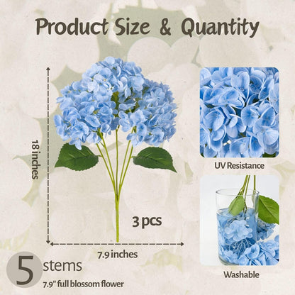 INXUGAO Artificial Flowers Fake Outdoor Hydrangea Bouquets with Long Stems, 3Pcs 18" Faux Light Blue Hydrangeas with Latex Real Touch for Outdoors, Wedding, Baby Shower and Party Decor
