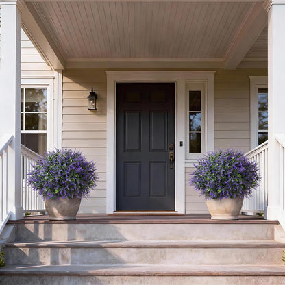 Set of 2 Artificial Eucalyptus Leaf & Lavender Topiary Trees for Front Door - UV Protection Faux Topiary Trees Fake Greenery Plant with Black Flowerpot for Farmhouse, Home, Outdoor Decor