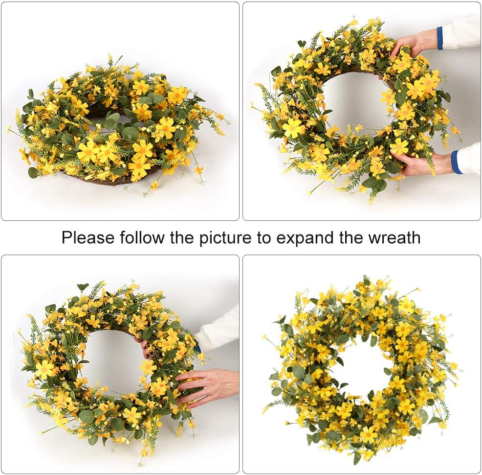 J'FLORU Artificial Spring Wreath 22 Inch Summer Wreaths for Front Door Yellow Daisy Wreath for Indoor Outdoor Home Decor and Easter Celebration