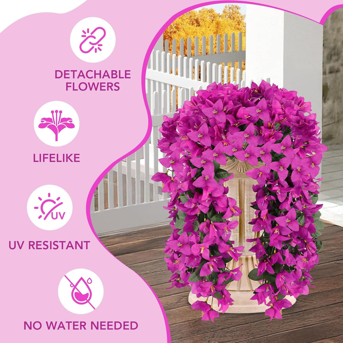 Artificial Bougainvillea Flowers for Outdoor Plant, 2 Pcs Faux Hanging Flowers Bougainvillea for Outside Decoration, Fake Silk UV Resistant Vines for Front Door Porch (Fuchsia)