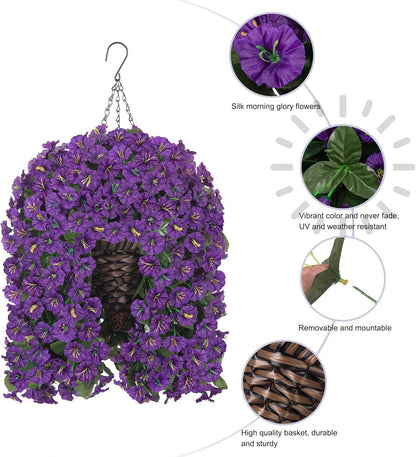 HyeFlora Artificial Faux Hanging Flowers Plants Basket for Outdoor Outside Porch Decoration, UV Resistant Fake Silk Purple Morning Glory Trailing Vines Realistic for Summer Home Balcony Yard Patio