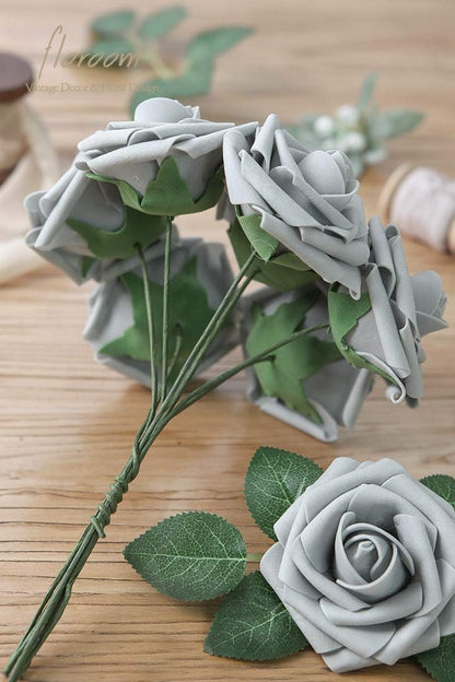 Floroom Artificial Flowers 50 Pcs Real Looking Silver Grey Foam Fake Roses with Stems for DIY Wedding Bouquets Bridal Shower Centerpieces Floral Arrangements Party Tables Home Decorations