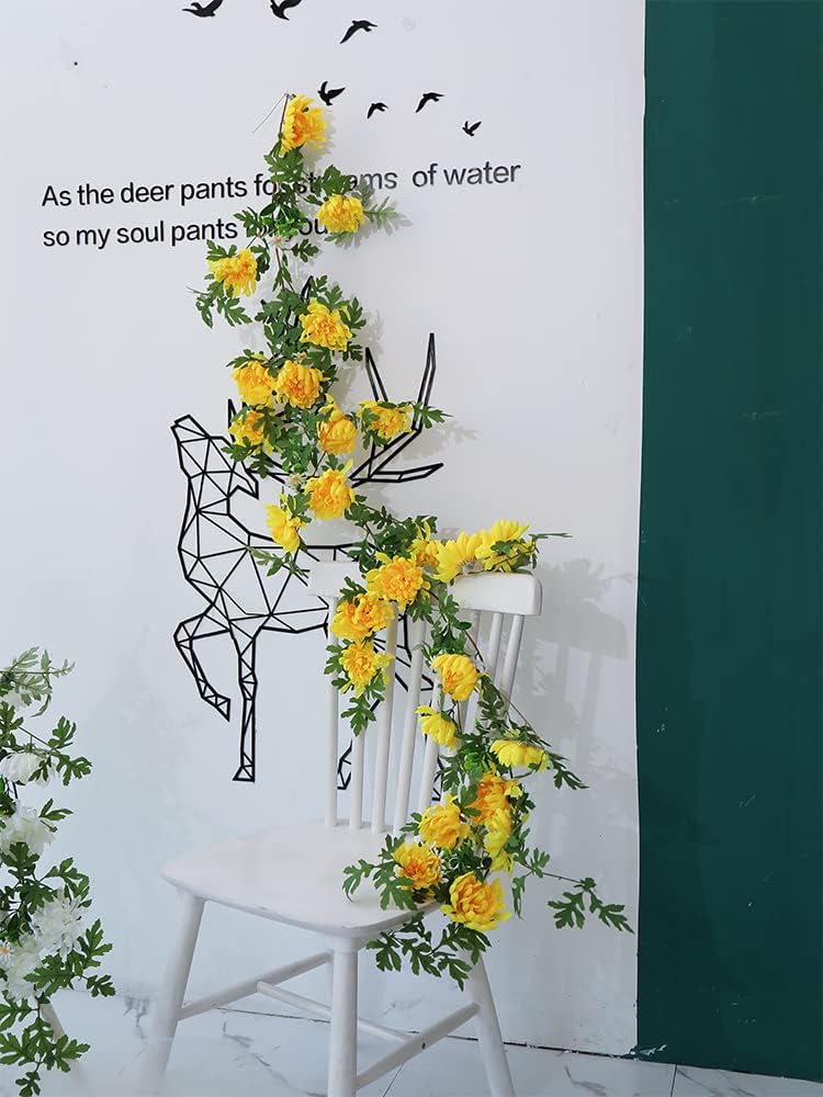 170cm Yellow Artificial Daisy Chrysanthemum Flowers Wall Hanging Vines String Garland Wreath for Outdoor Home Garden Decoration (Yellow)