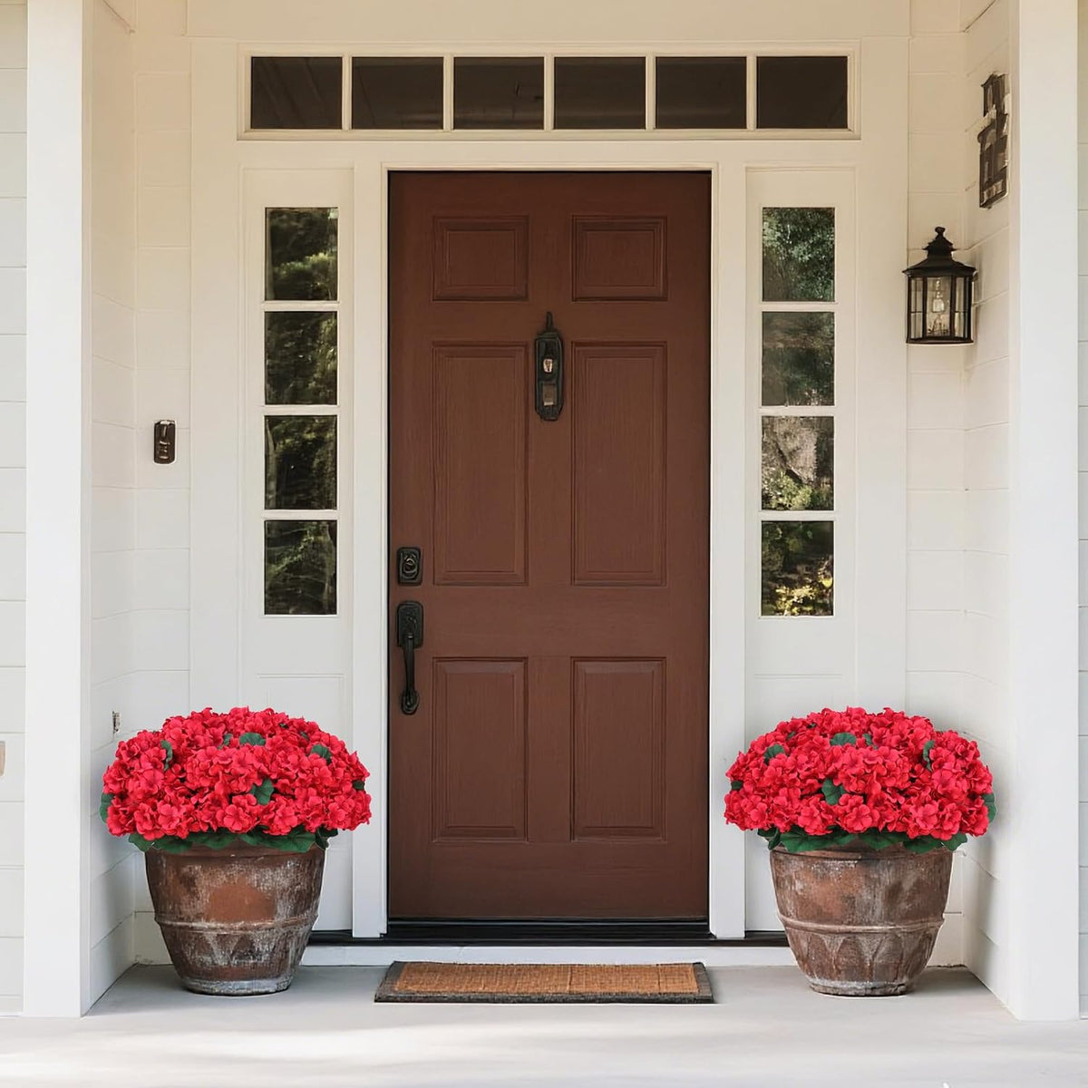 18" Artificial Geraniums Topiary - 2 Set for Front Porch Decor, Faux Silk Flowers Bushes UV Resistant Potted Plants for Outdoor Indoor Door Offices Garden Farmhouse Home Decor (Red)