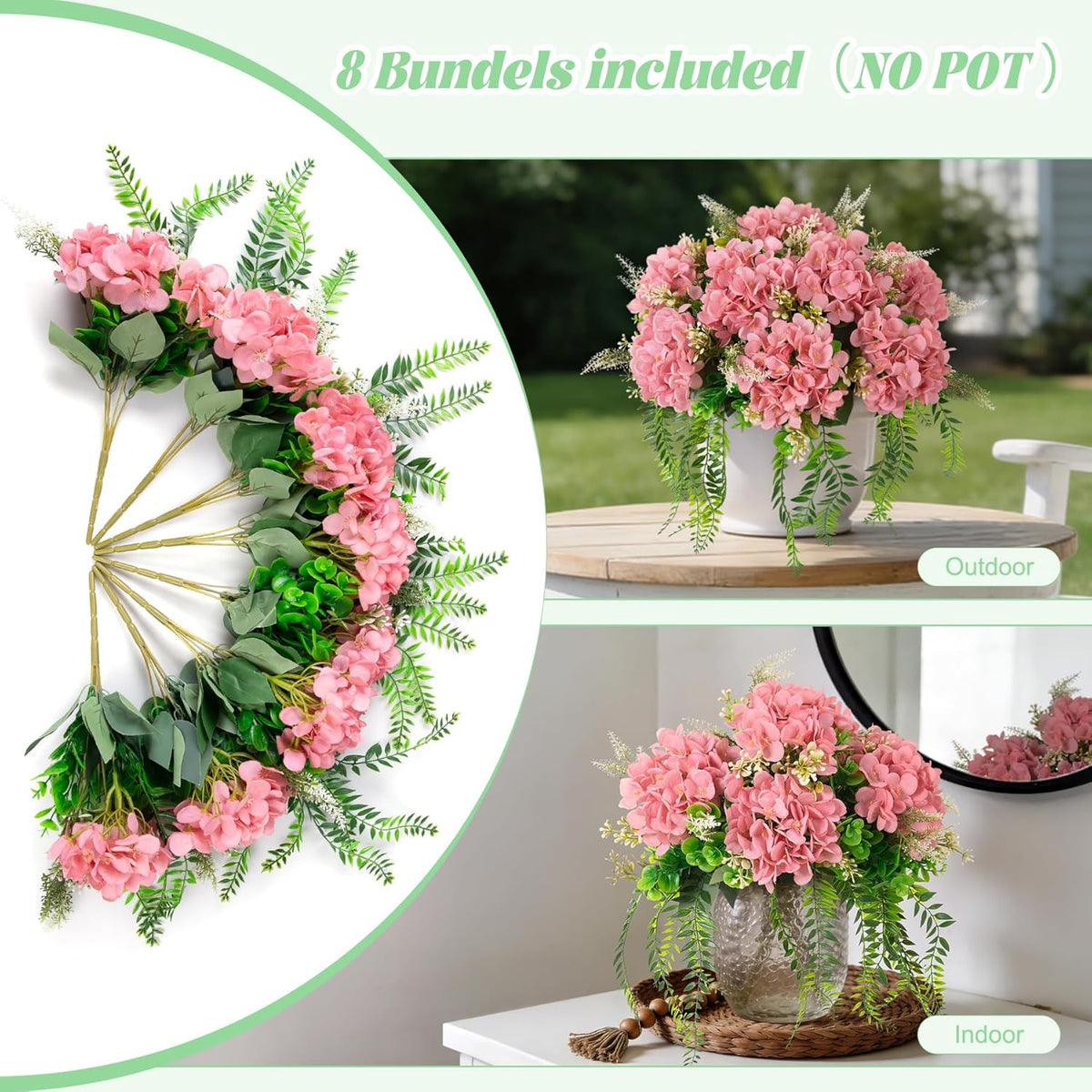Artificial Hydrangea Flowers Silk Champagne Fake Flower with Eucalyptus for Outdoor Decorations UV Resistant Realistic Faux Plants for Garden Porch Window Box Indoor Table Decor