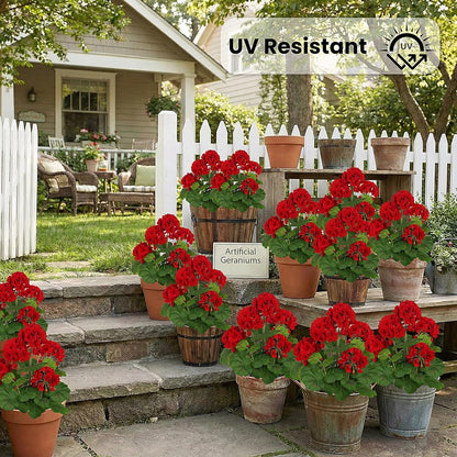 18" Artificial Geraniums for Outdoors, UV Resistant Red Silk Flowers for Window Box Porch Patio Garden Decor, Waterproof Ruby Red